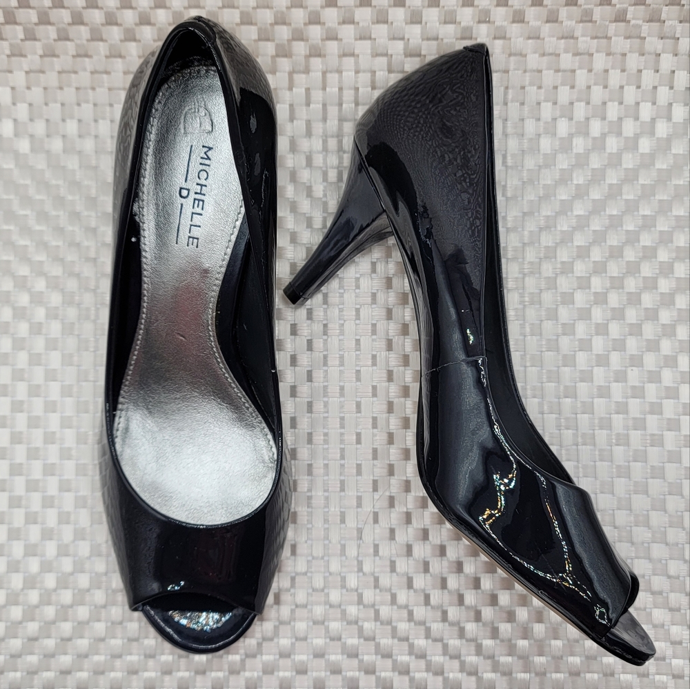 Michelle D Black Patent Peep Toe Pumps - EUC